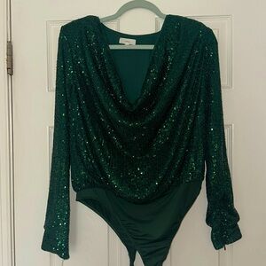 a loves a cowl neck long sleeve sequin emerald body suit.